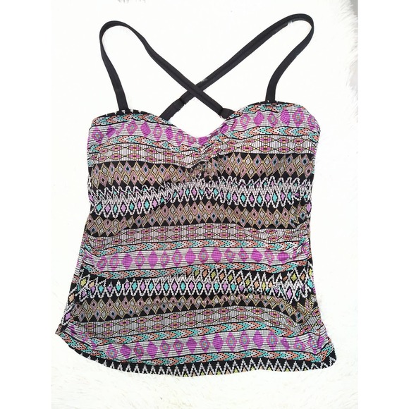 Ikat Print Tankini Top w/ Built in Bra size Medium 8 10 Ruching Jewel Tones - Picture 2 of 5